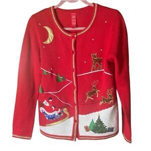 Charming Holiday Red Cardigan with Festive Design